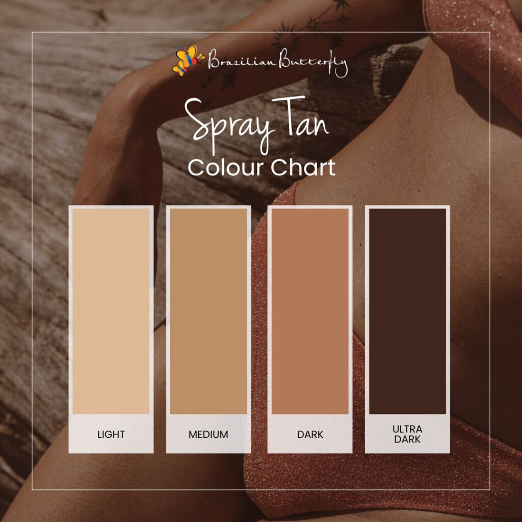 spray tan colour shade swatches- light, medium, dark and ultra dark